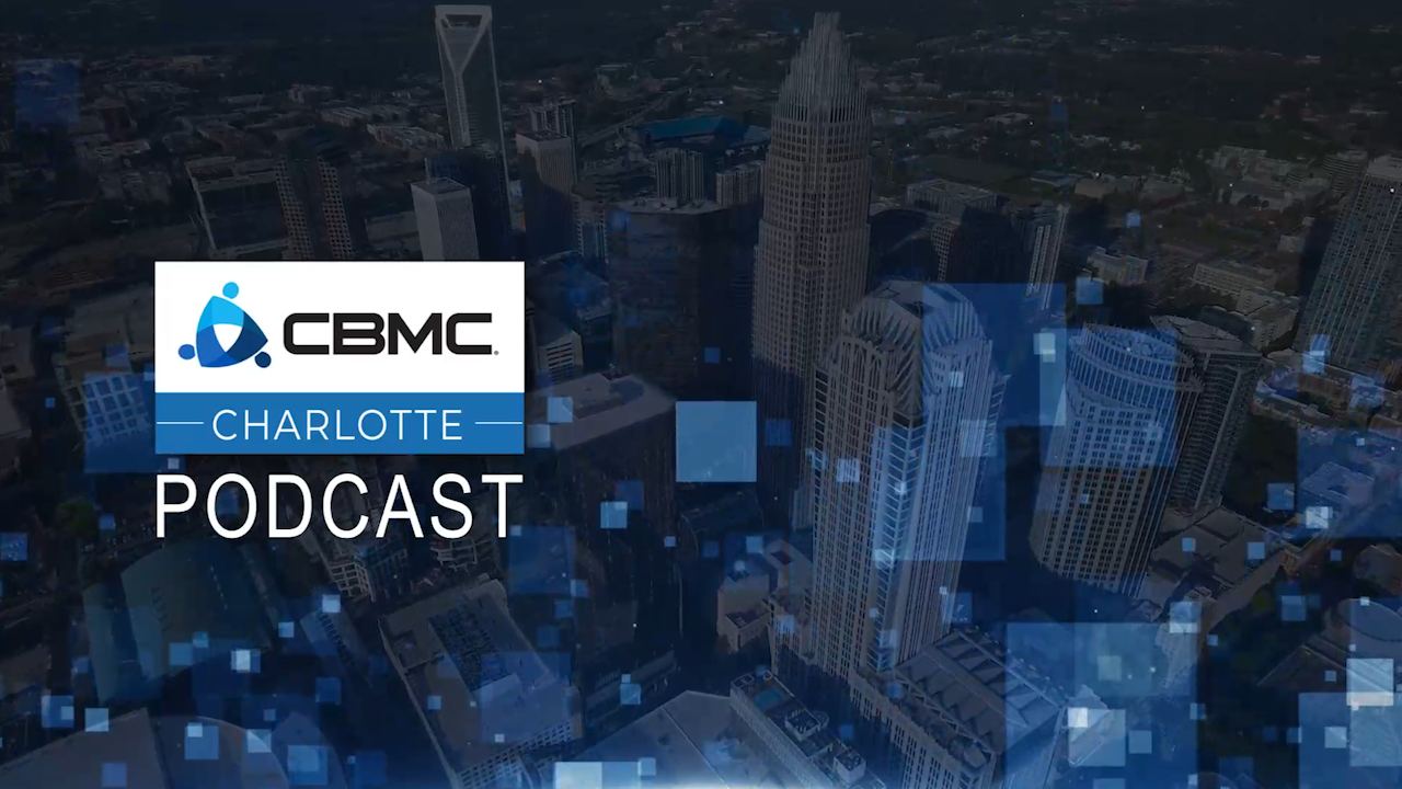 CBMC Charlotte Podcast logo over blue city